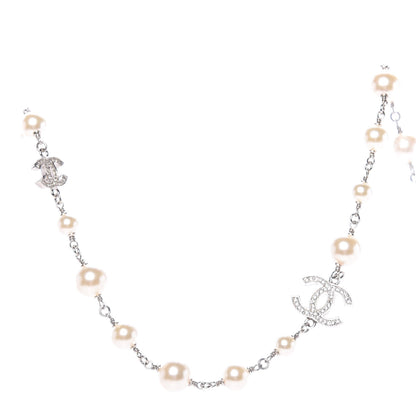 Chanel Crystal Pearl CC Long Necklace Silver 3 of 9