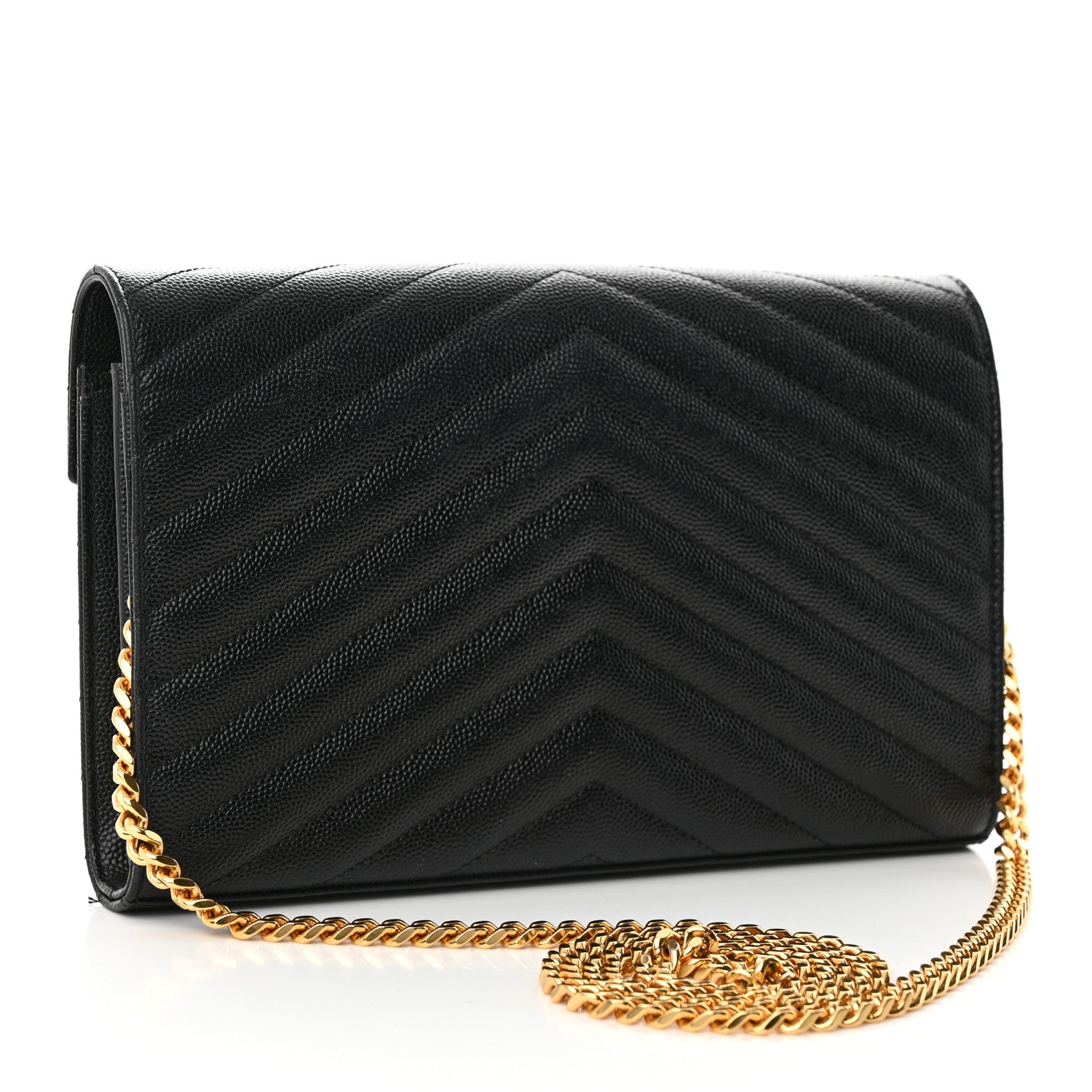 Saint Laurent Grain De Poudre Matelasse Chevron Monogram Chain Wallet Black 3 of 14