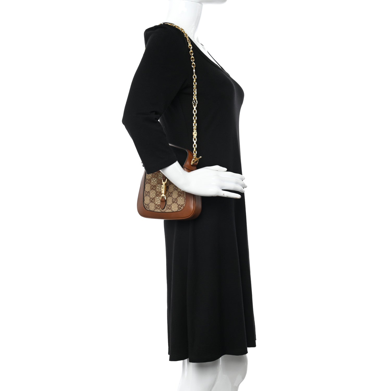 Gucci New Canvas Charisma Calfskin Crystal GG Monogram Mini Jackie 1961 Hobo Camel Ebony 3 of 10