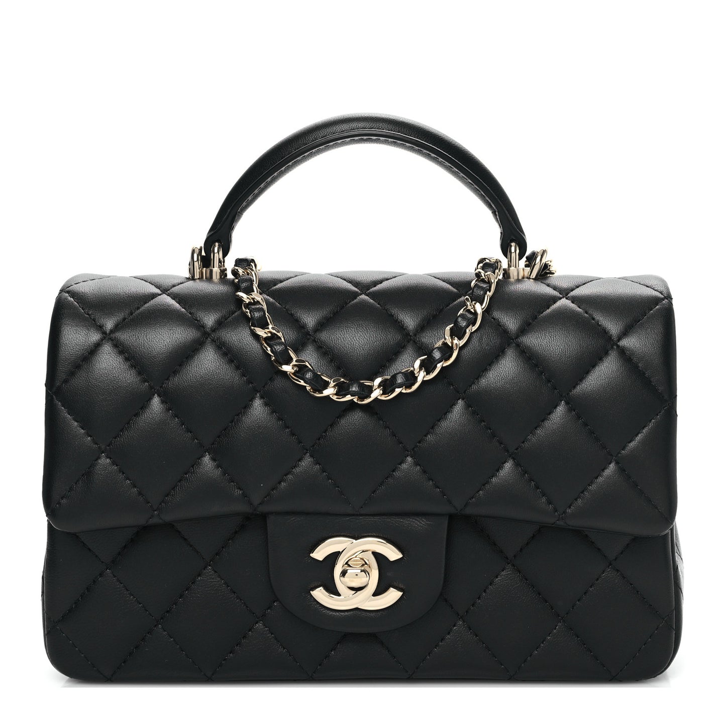 Lambskin Quilted Mini Top Handle Rectangular Flap Black