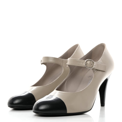 Chanel Shiny Goatskin Cap Toe Mary Jane Pumps 39 Grey Dark Grey 3 of 9