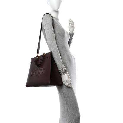 Fendi Vitello Cher Logo Debossed Medium Fendi Sunshine Shopper Tote Burgundy 2 of 12