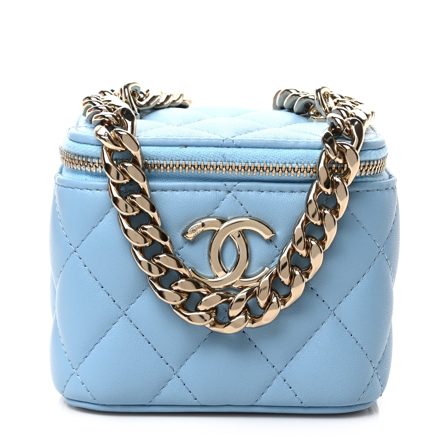 Lambskin Quilted Enamel Coco Mini Vanity Case With Chain Blue