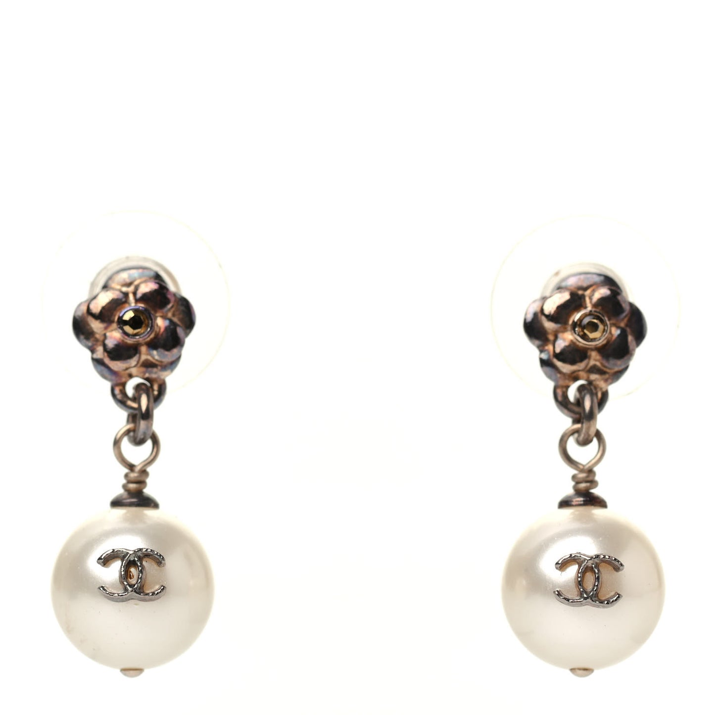 Crystal Pearl CC Flower Drop Earrings Silver