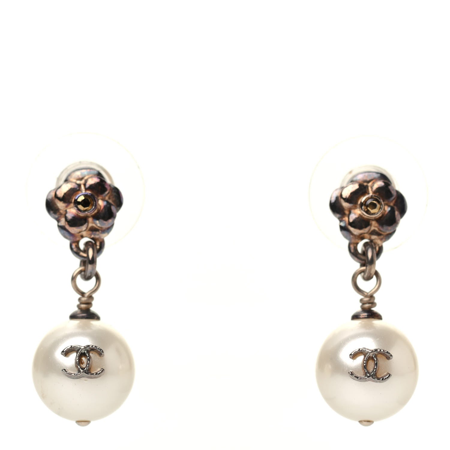Chanel Crystal Pearl CC Flower Drop Earrings Silver 1 of 4