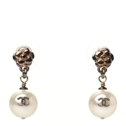 Chanel Crystal Pearl CC Flower Drop Earrings Silver 1 of 4