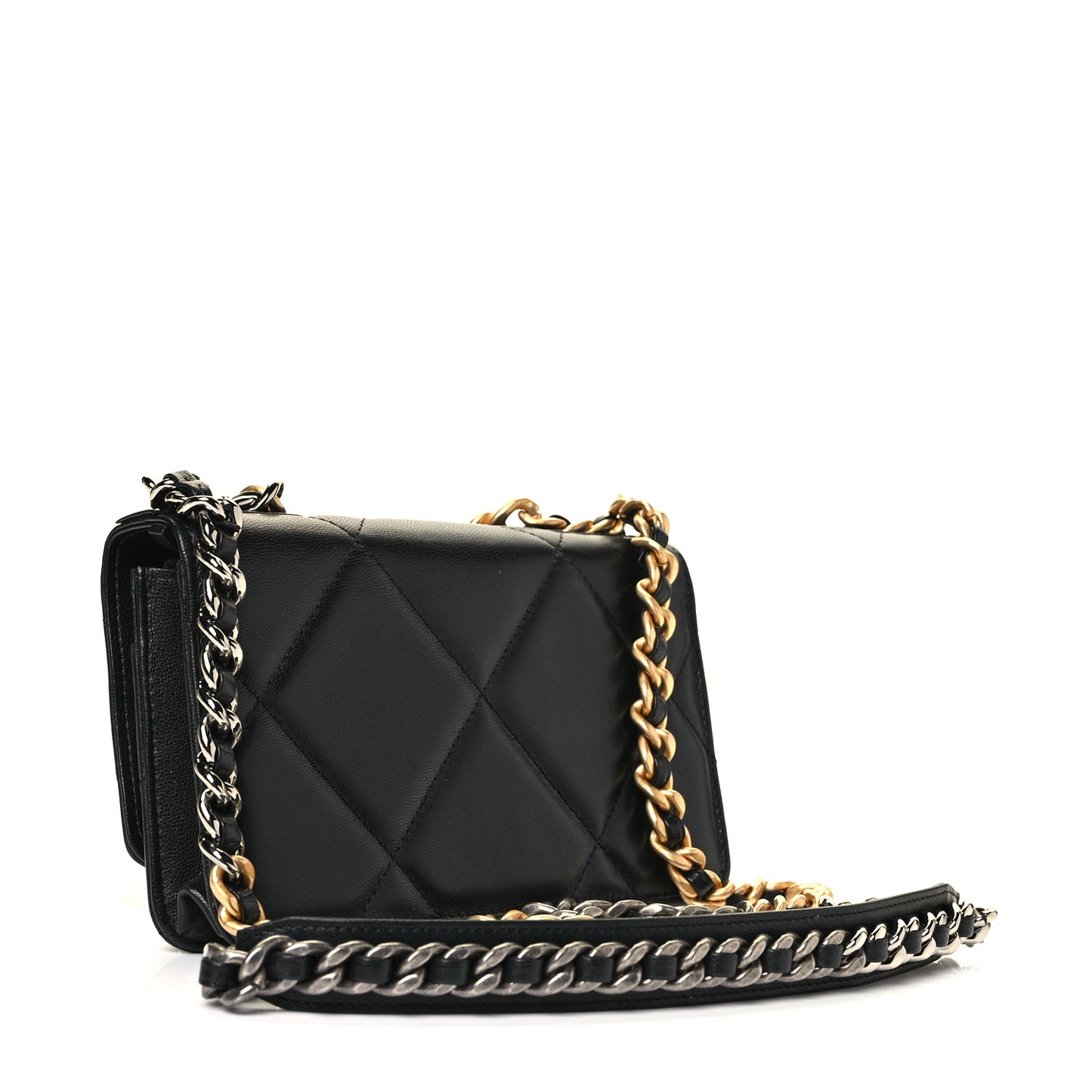 Shiny Goatskin Quilted Chanel 19 Wallet On Chain WOC Black