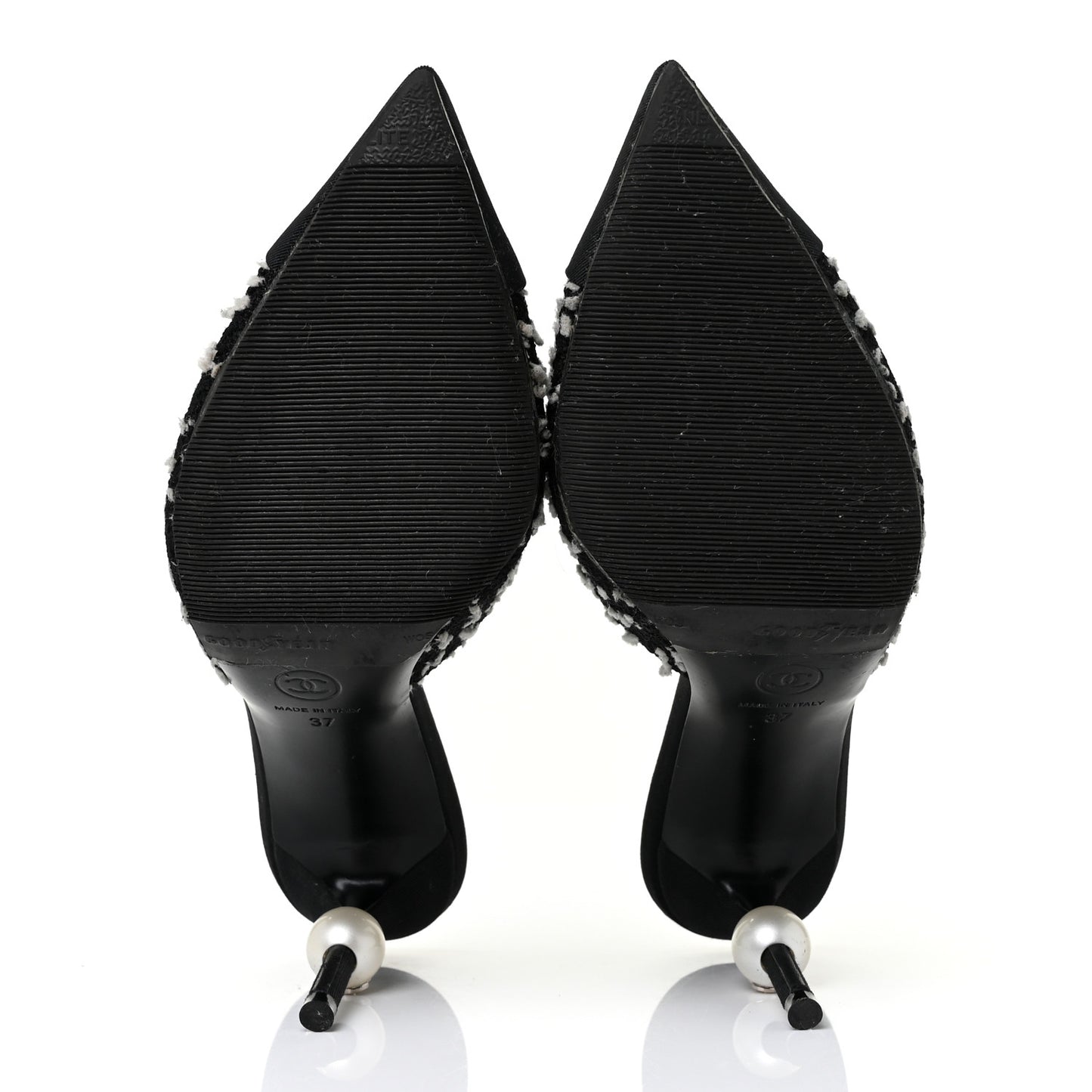 Tweed Grosgrain Pearl Mules 37 Black White