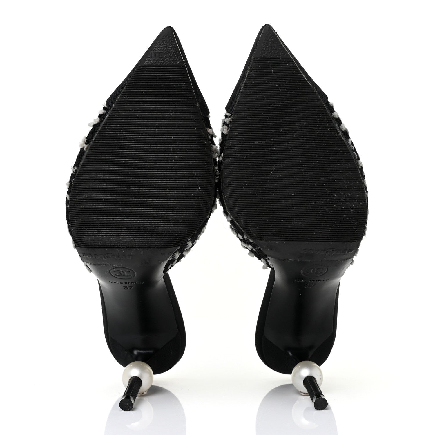 Chanel Tweed Grosgrain Pearl Mules 37 Black White 6 of 10