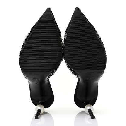 Chanel Tweed Grosgrain Pearl Mules 37 Black White 6 of 10