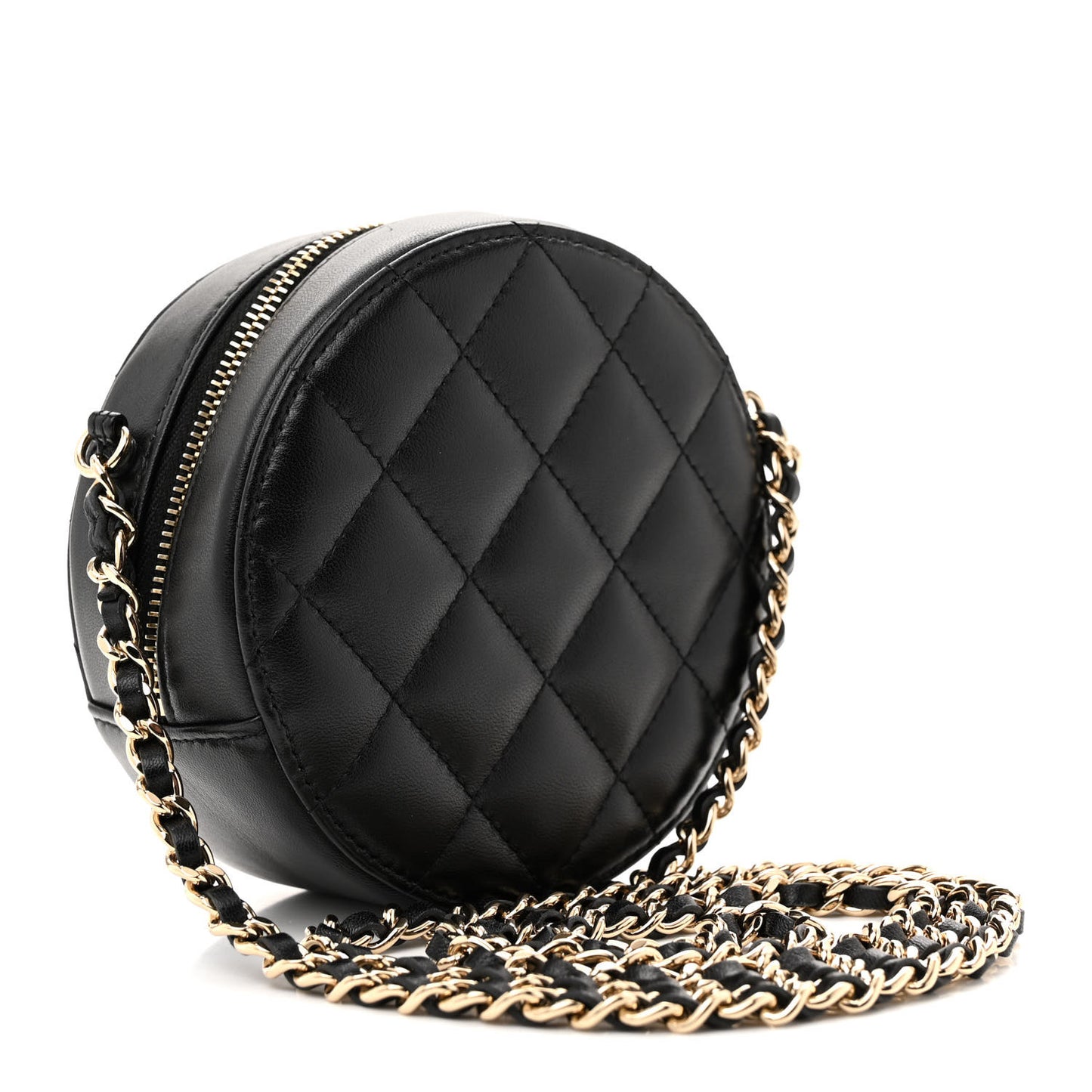 Lambskin Quilted Large CC Round Clutch With Chain Black