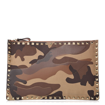 Valentino Garavani Nappa Canvas Camouflage Large Rockstud Zip Pouch Beige 1 of 8