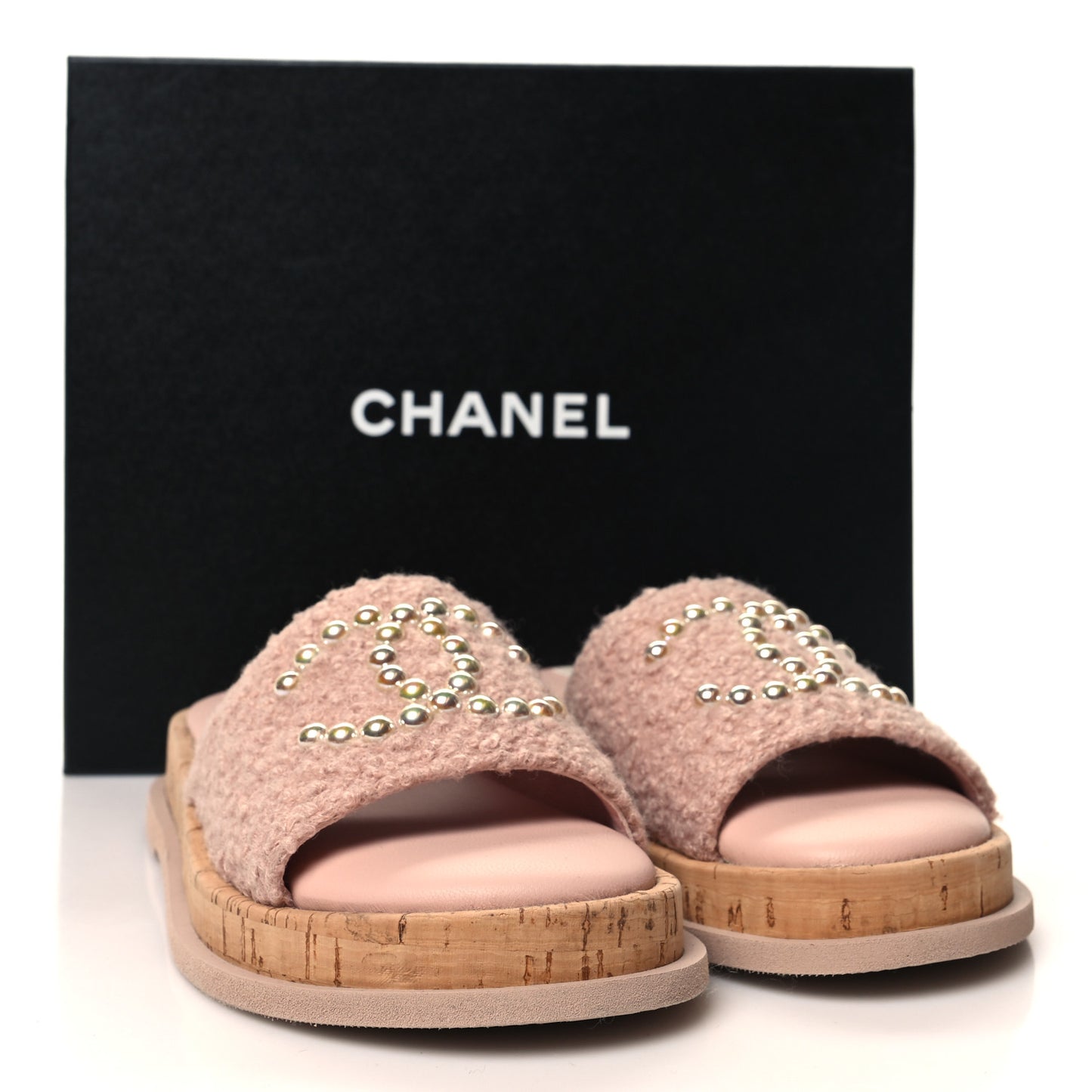 Fabric Pearl Cork CC Slip On Sandals 37 Pink