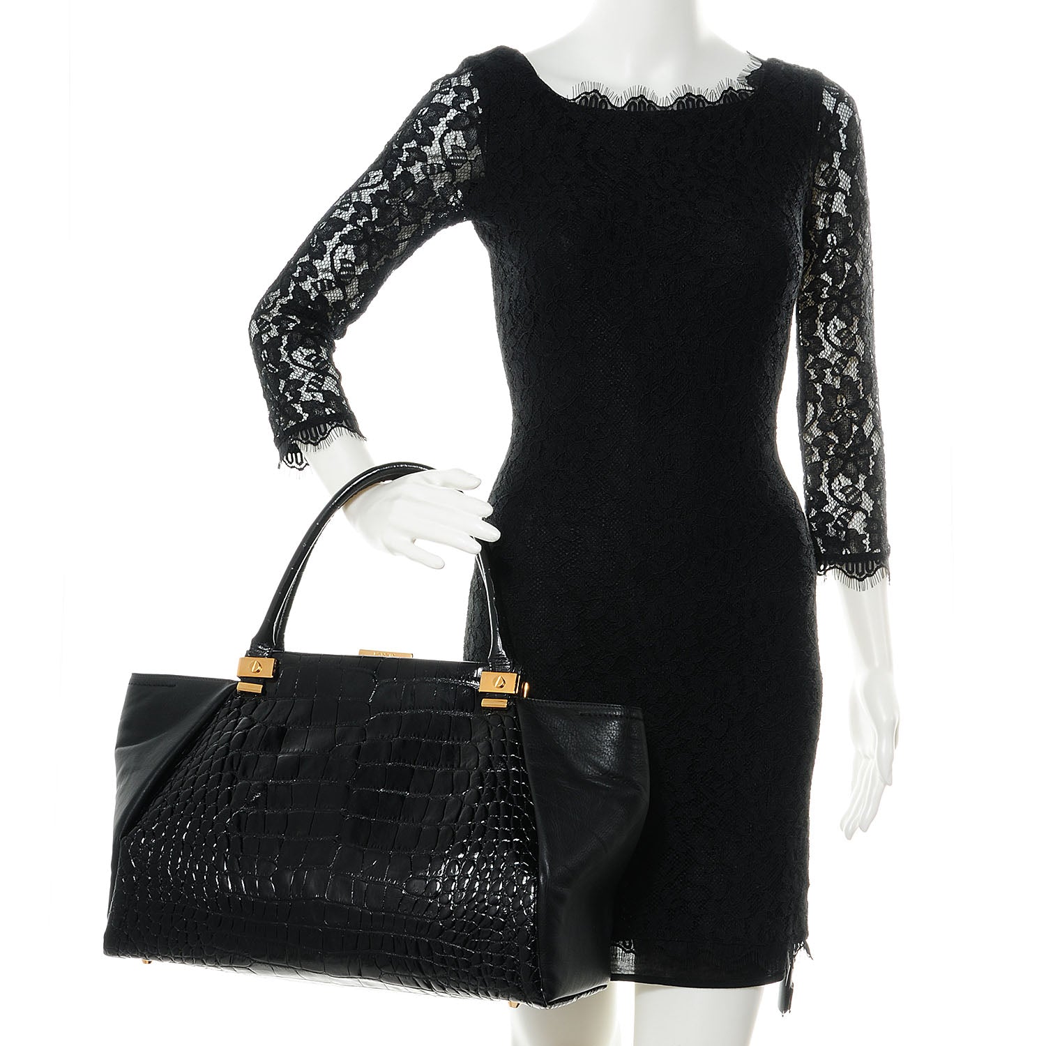 Lanvin Calfskin Croc Stamp Large Trilogy Shopper Black 2 of 13