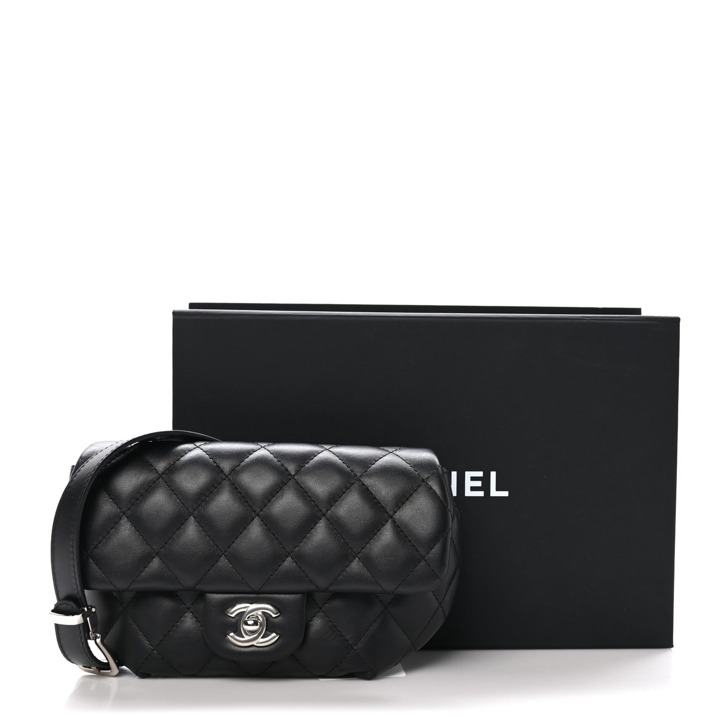Calfskin Quilted CC Uniform Flap Belt Bag Black