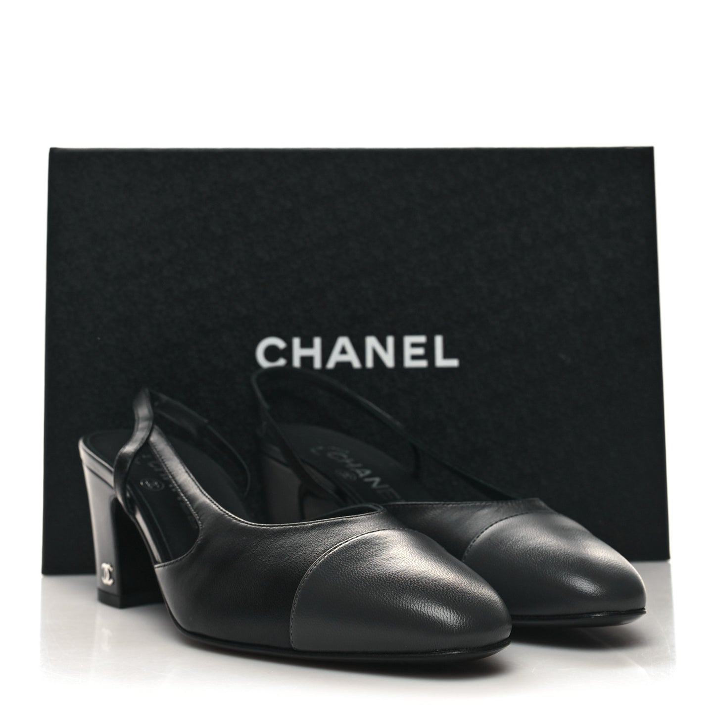 Lambskin Cap Toe CC Slingback Sandals 37 Black Dark Grey