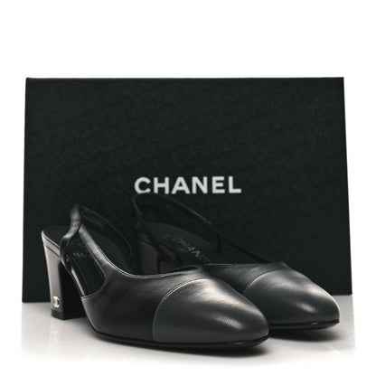 Chanel Lambskin Cap Toe CC Slingback Sandals 37 Black Dark Grey 9 of 9