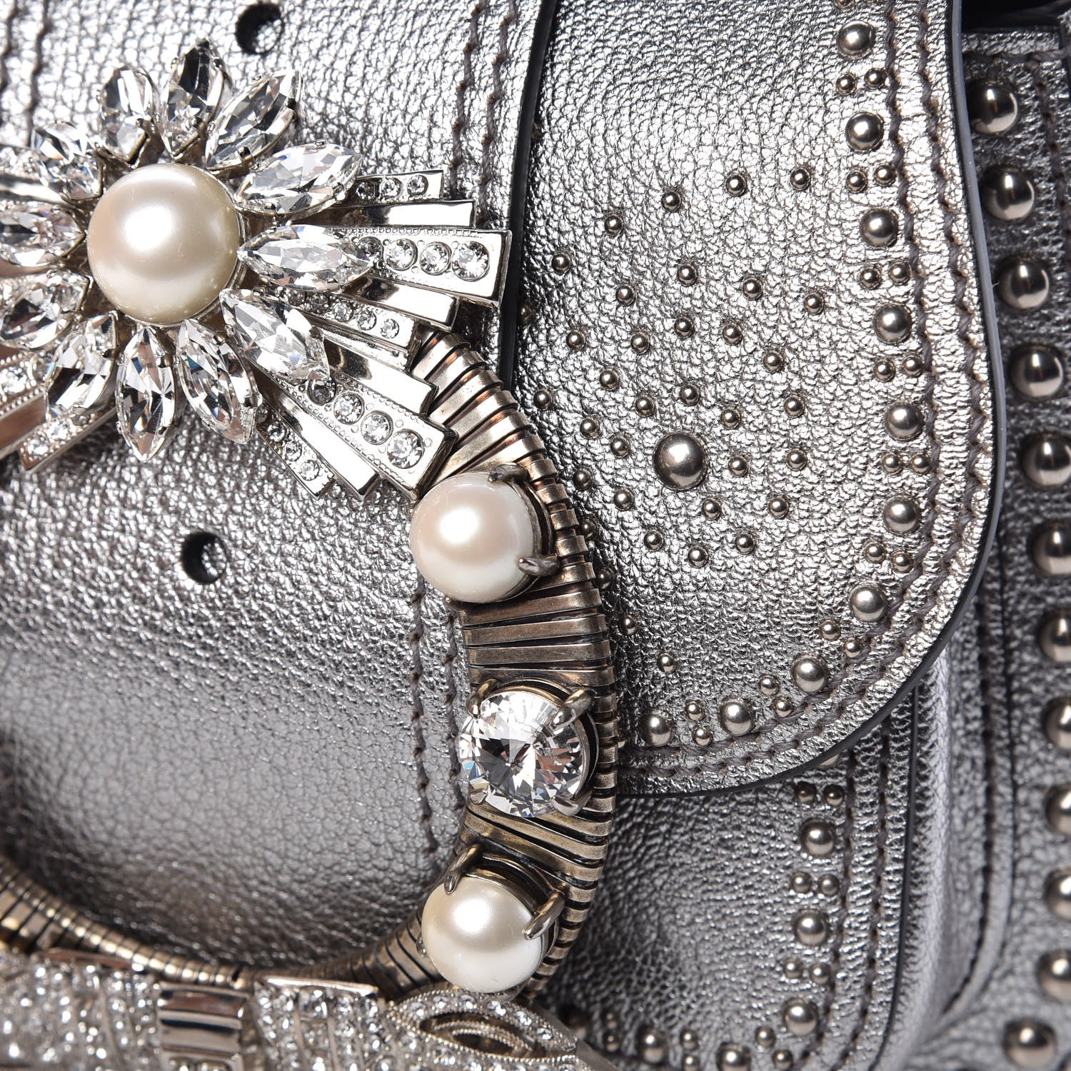 Miu Miu Goatskin Madras Soft Calfskin Crystal Embellished Dahlia Shoulder Bag Chrome 13 of 16