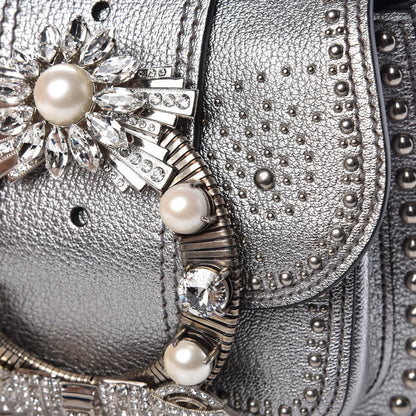Miu Miu Goatskin Madras Soft Calfskin Crystal Embellished Dahlia Shoulder Bag Chrome 13 of 16