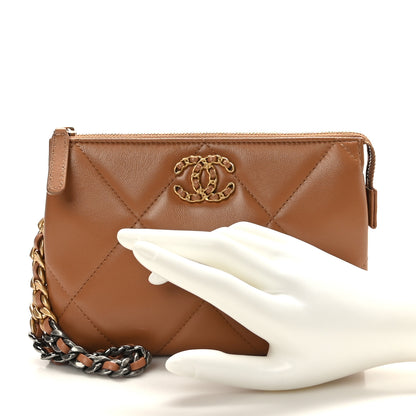 Chanel Shiny Goatskin Quilted Small Chanel 19 Pouch With Handle Clutch Brown 2 of 9