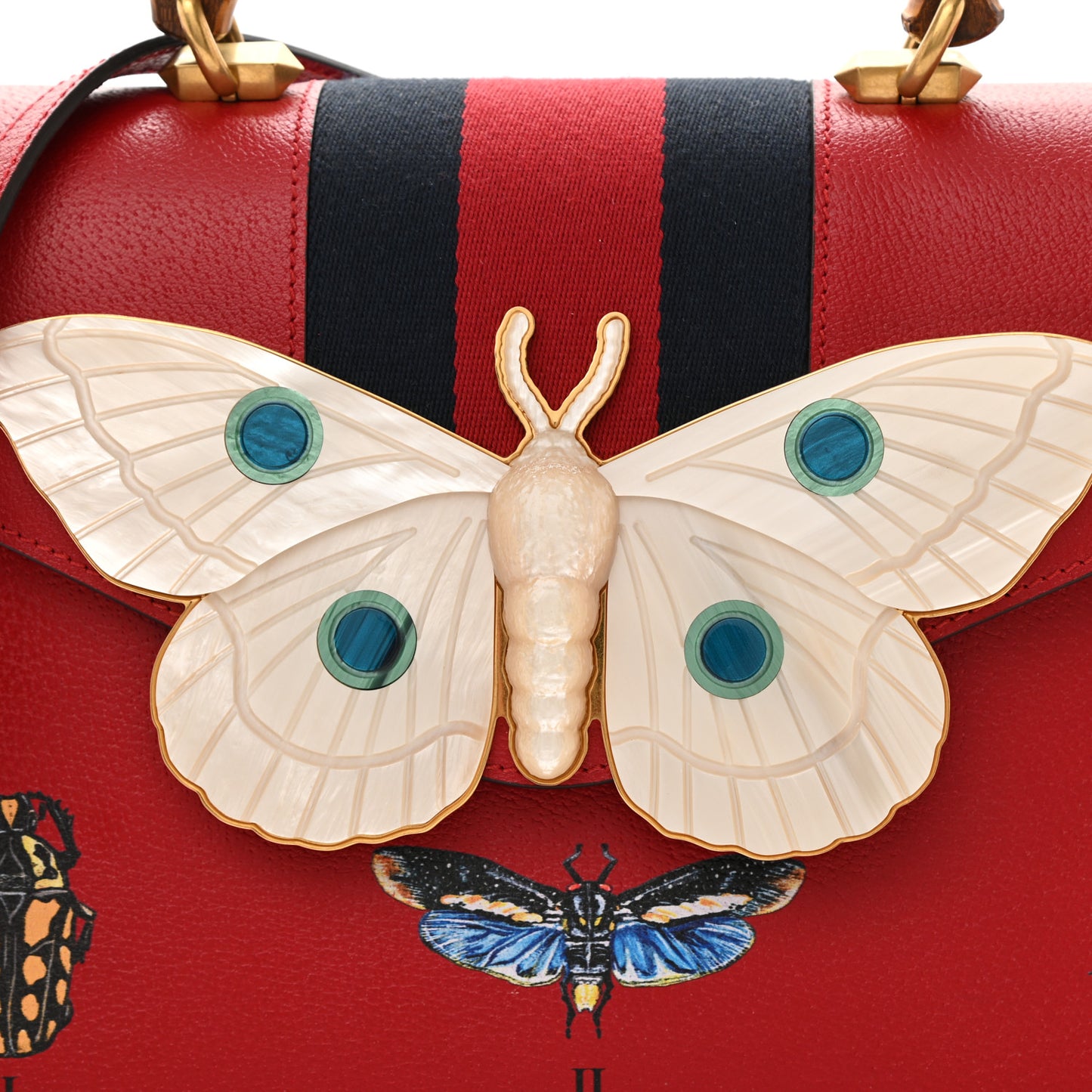 Calfskin Bamboo Web Medium Falena Moth Top Handle Bag Hibiscus Red