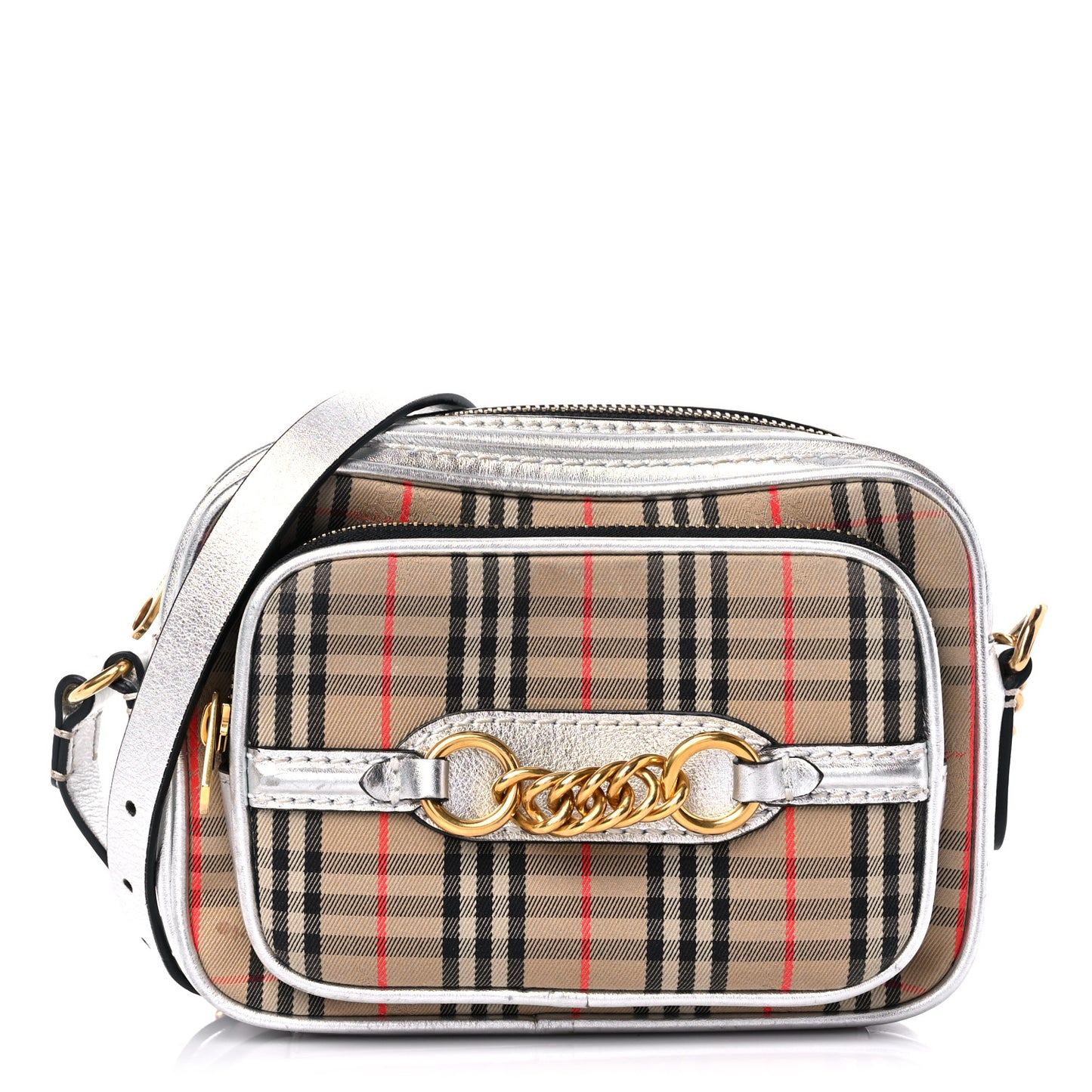 Smooth Calfskin 1983 Knight Check Link Camera Bag Silver