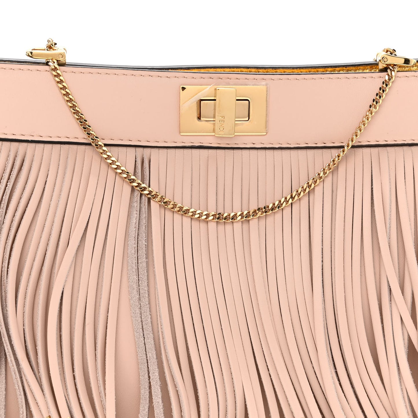 Nappa Fringe Small Peekaboo I SEE U East West Chain Satchel Rosa Quarzo