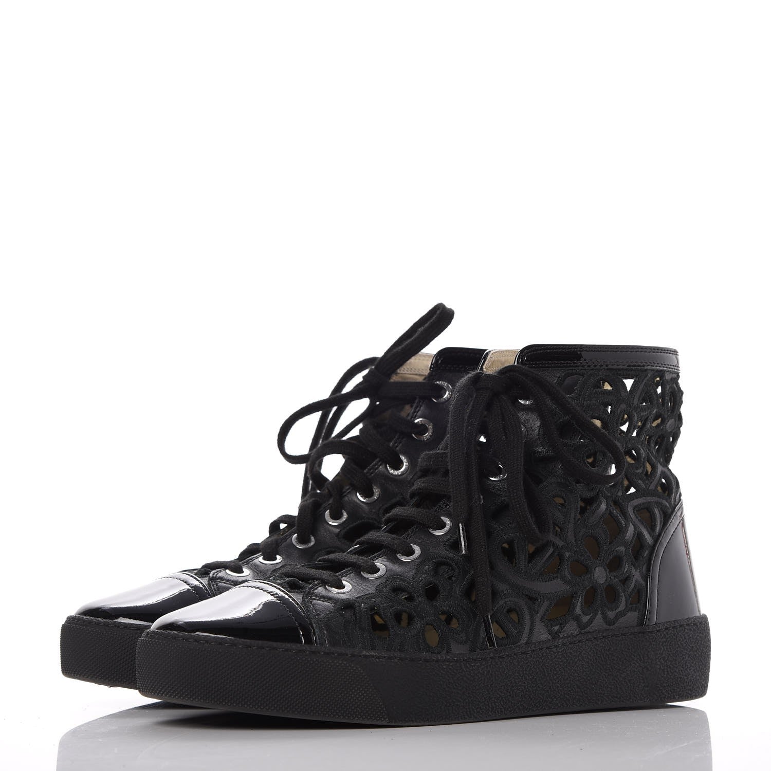 Chanel Patent Grained Goatskin Hollow Out Flower Sneakers 39.5 Black 3 of 12