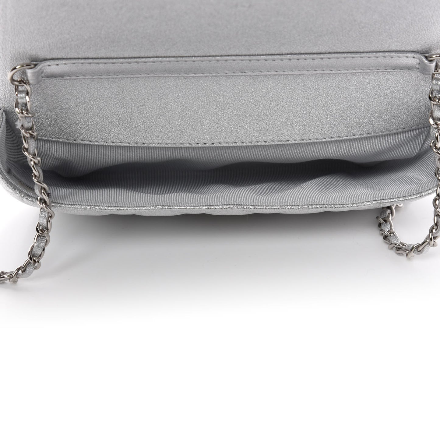 Metallic Lambskin Quilted Glasses Case With Chain Silver