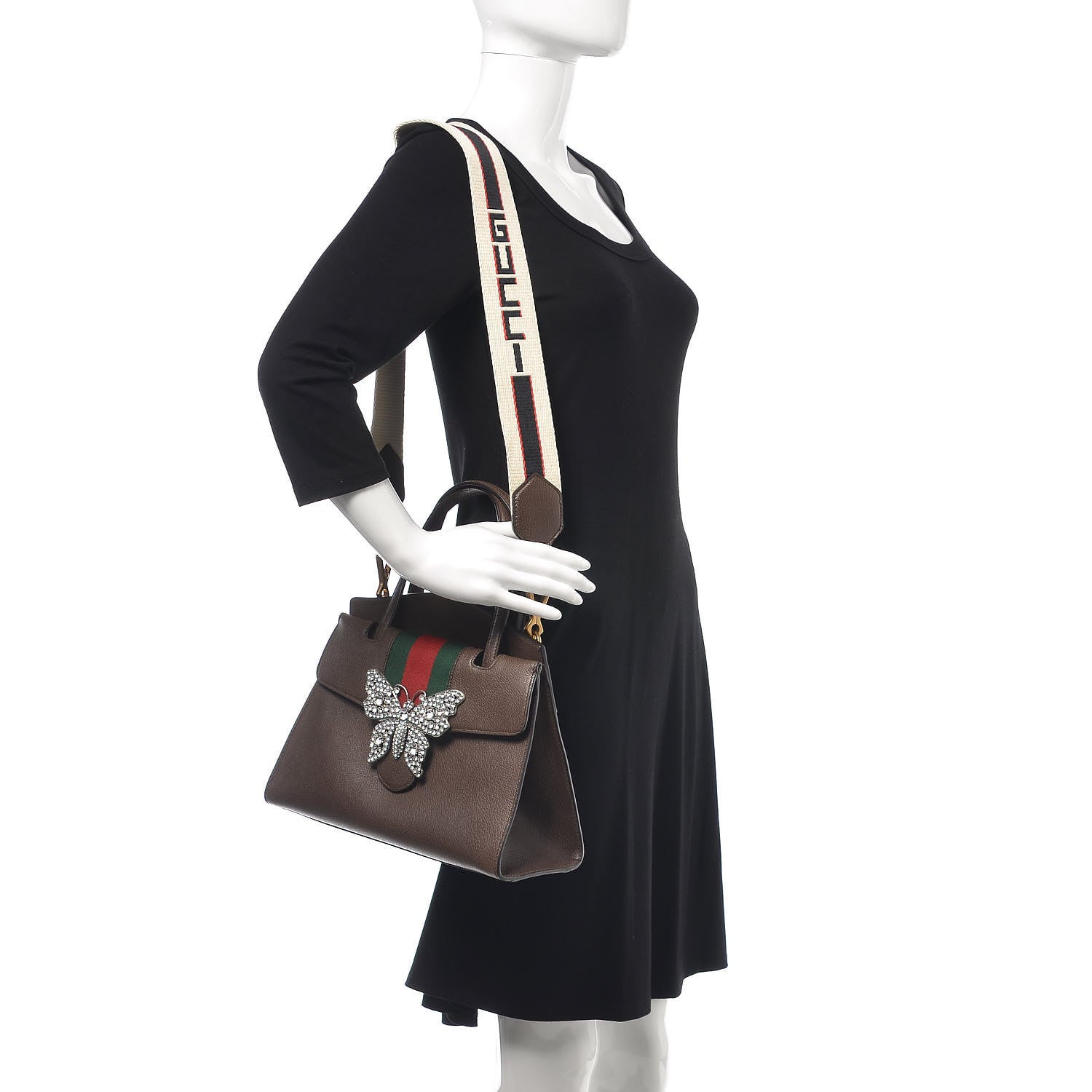 Gucci Textured Calfskin Web Crystal Butterfly Stripe Medium Totem Top Handle Bag New Acero 2 of 7