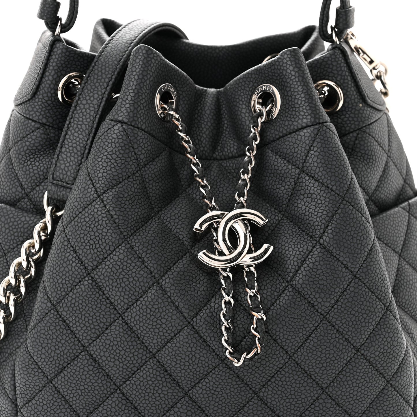 Caviar Flat Quilted CC Chain Bucket Drawstring Bag Black