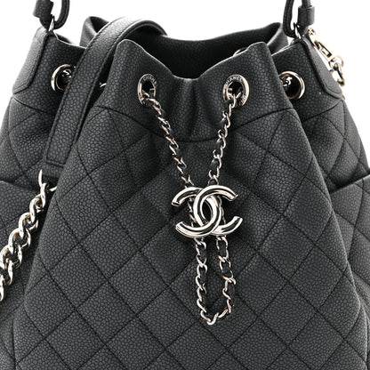 Chanel Caviar Flat Quilted CC Chain Bucket Drawstring Bag Black 8 of 11