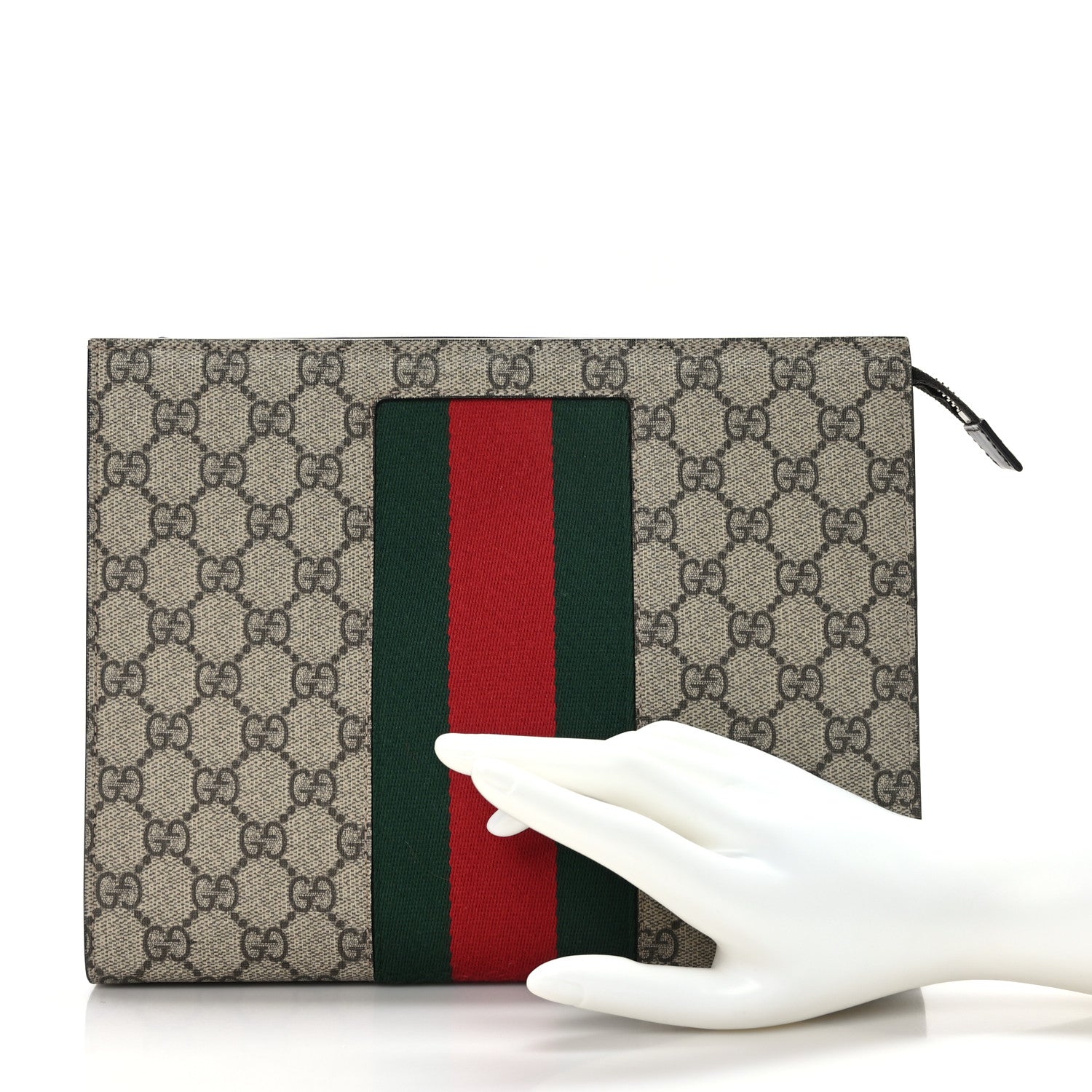 Gucci GG Supreme Monogram Selleria Calfskin Web New Web Cosmetic Case Beige Ebony Cocoa 2 of 9