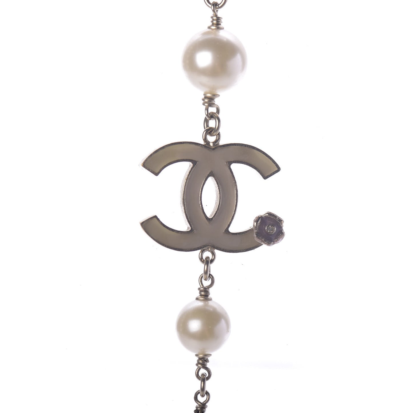 Pearl Crystal Flower CC Long Necklace Golden Pearly White