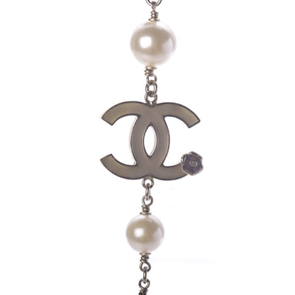 Chanel Pearl Crystal Flower CC Long Necklace Golden Pearly White 5 of 7