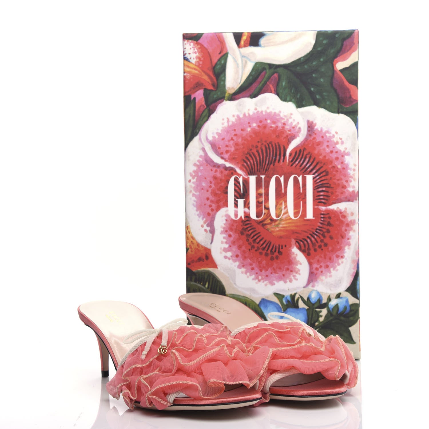 Gucci Tulle Ruffle Low Heel Slide Sandals 40.5 Peach White 10 of 10