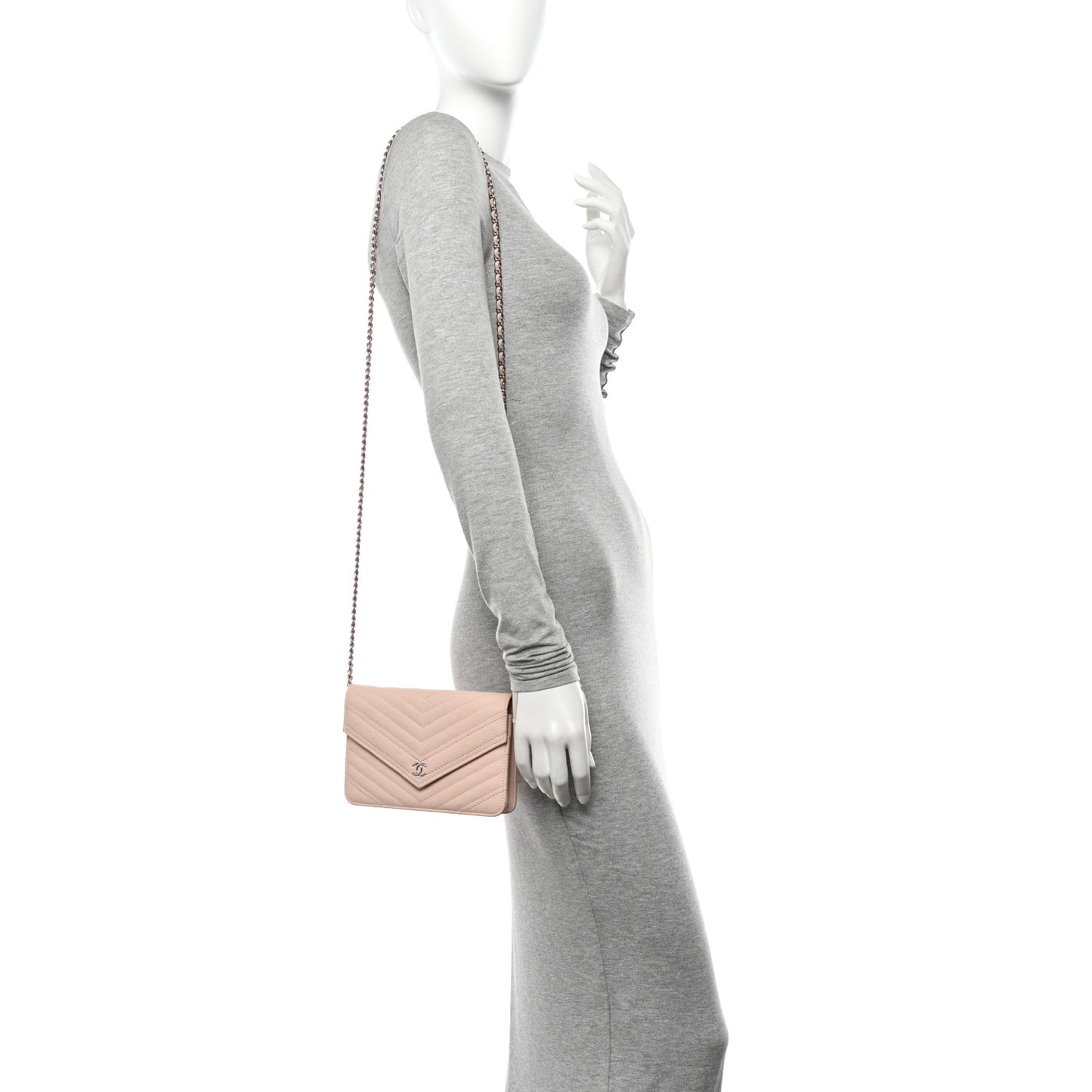Caviar Chevron Quilted Statement Wallet On Chain WOC Light Beige