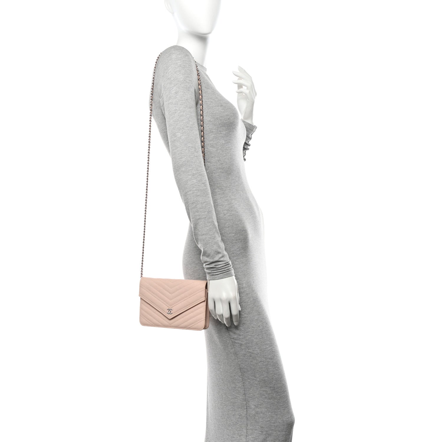 Chanel Caviar Chevron Quilted Statement Wallet On Chain WOC Light Beige 2 of 13