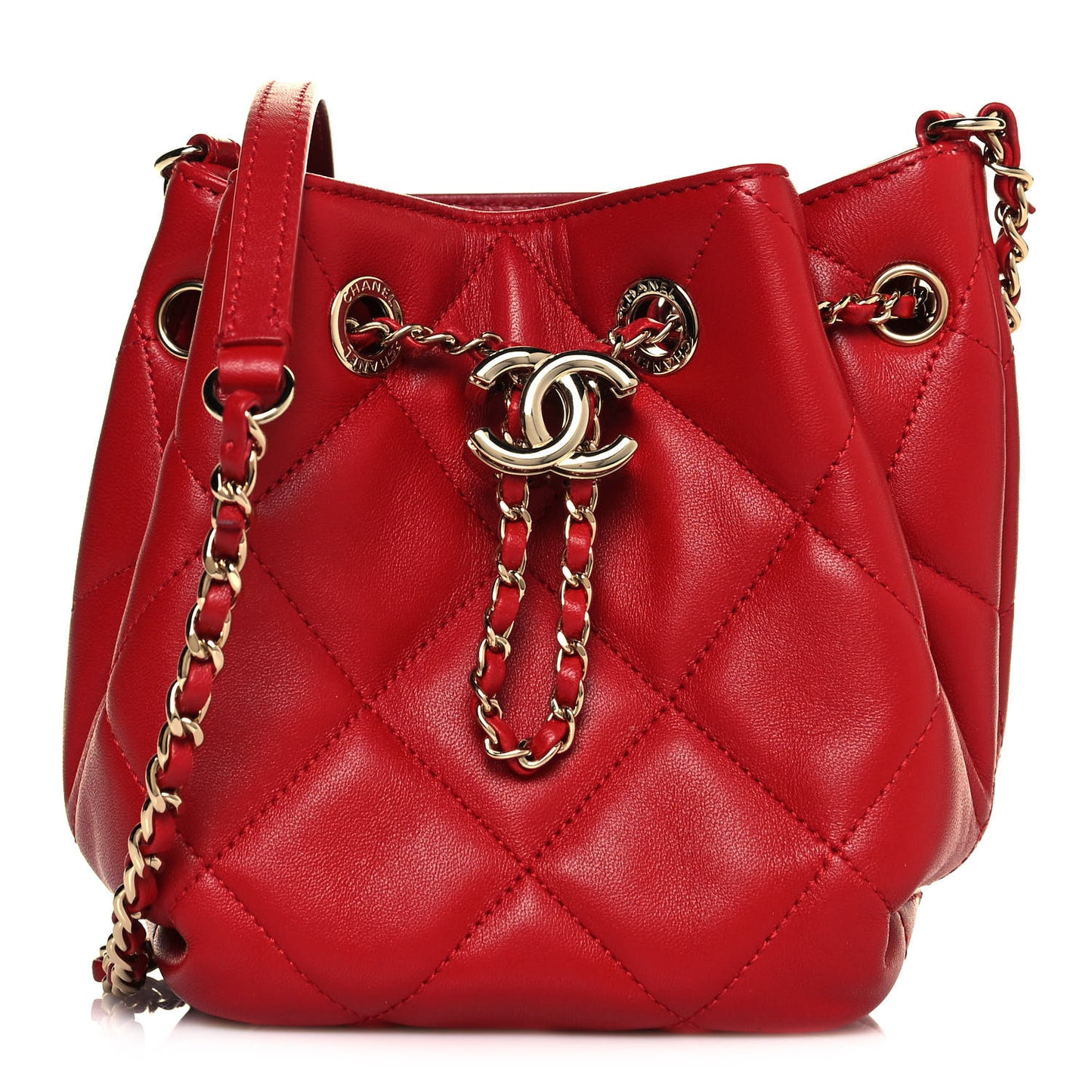 Lambskin Quilted CC Dweller Drawstring Bucket Bag Red