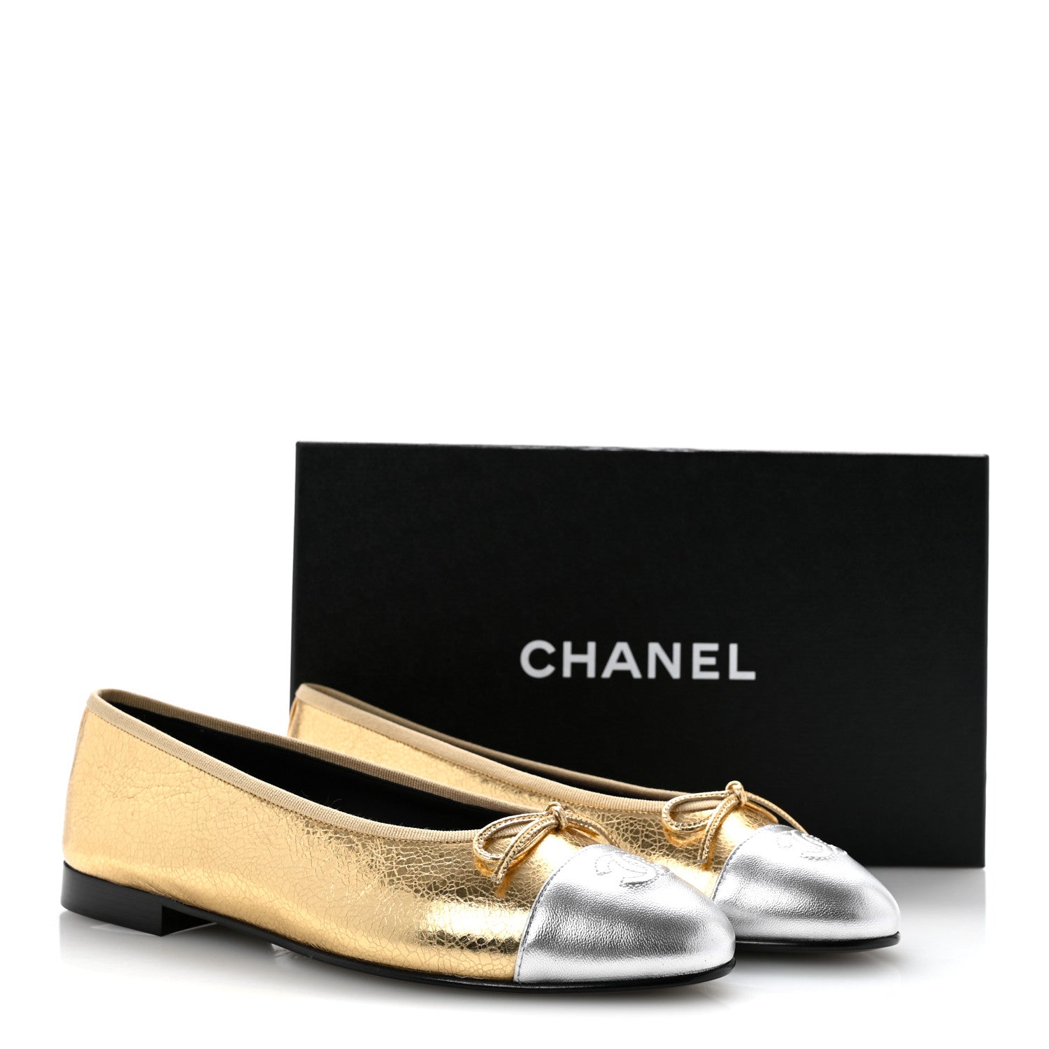 Chanel Metallic Crackled Laminated Calfskin CC Cap Toe Ballerina