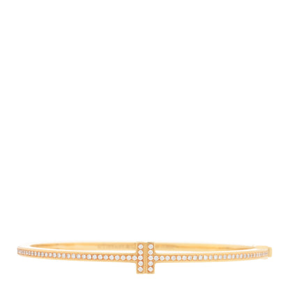 Tiffany 18K Yellow Gold Diamond T Hinged Wire Bangle Bracelet 1 of 4