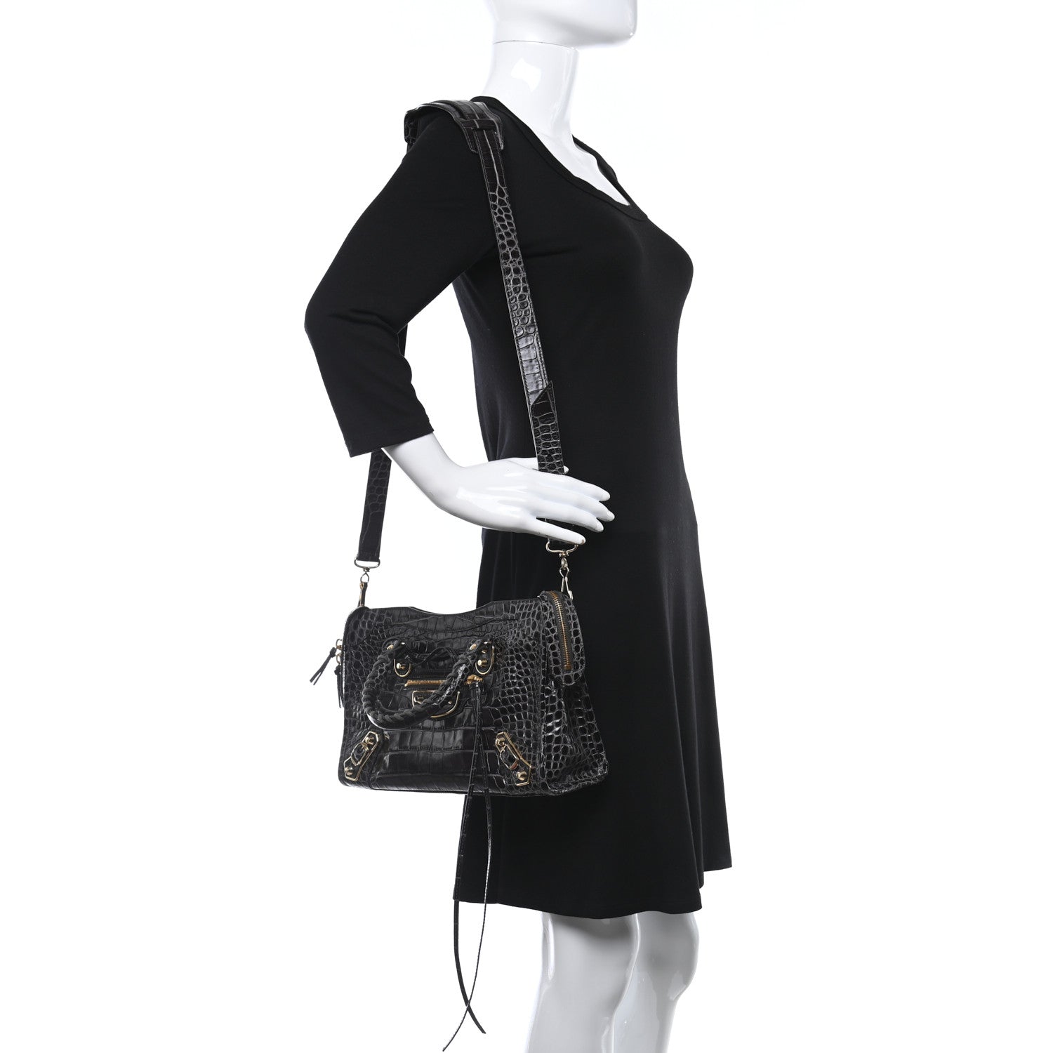 Balenciaga Shiny Supple Calfskin Crocodile Embossed Gold Metallic Edge Hardware S City Dark Grey 2 of 9