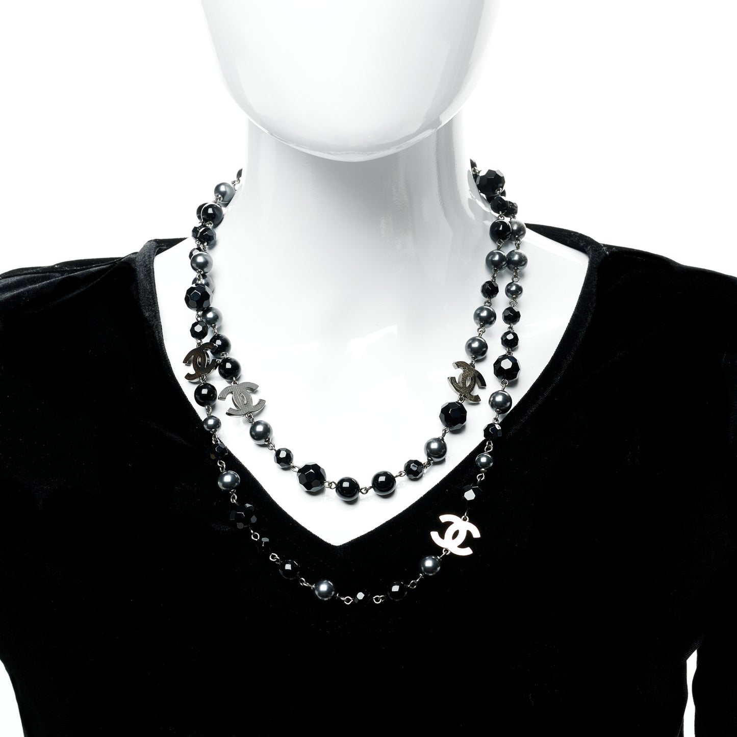 Ruthenium Pearl Beaded CC Long Necklace Black
