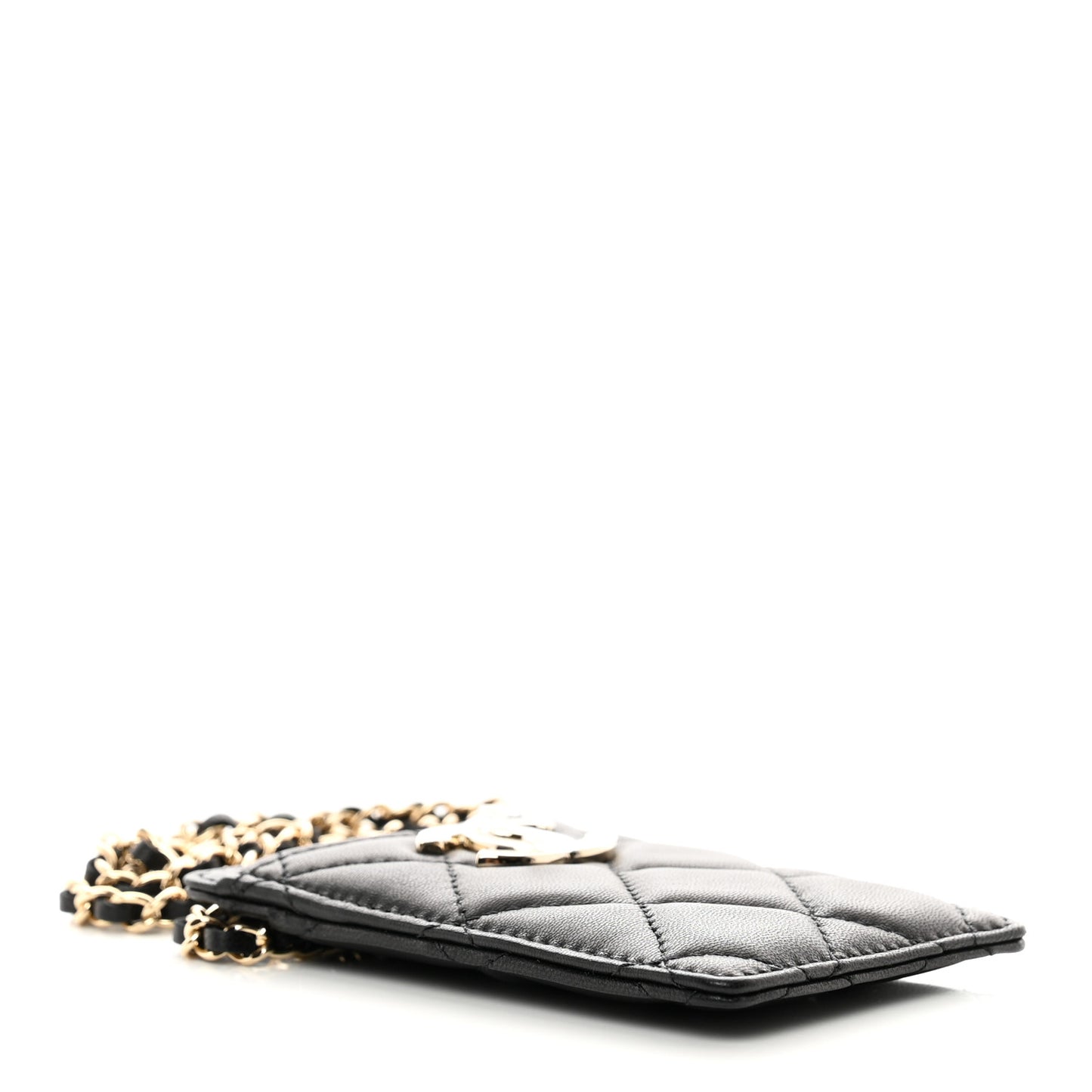 Lambskin Quilted Glitter Card Holder On Chain Black