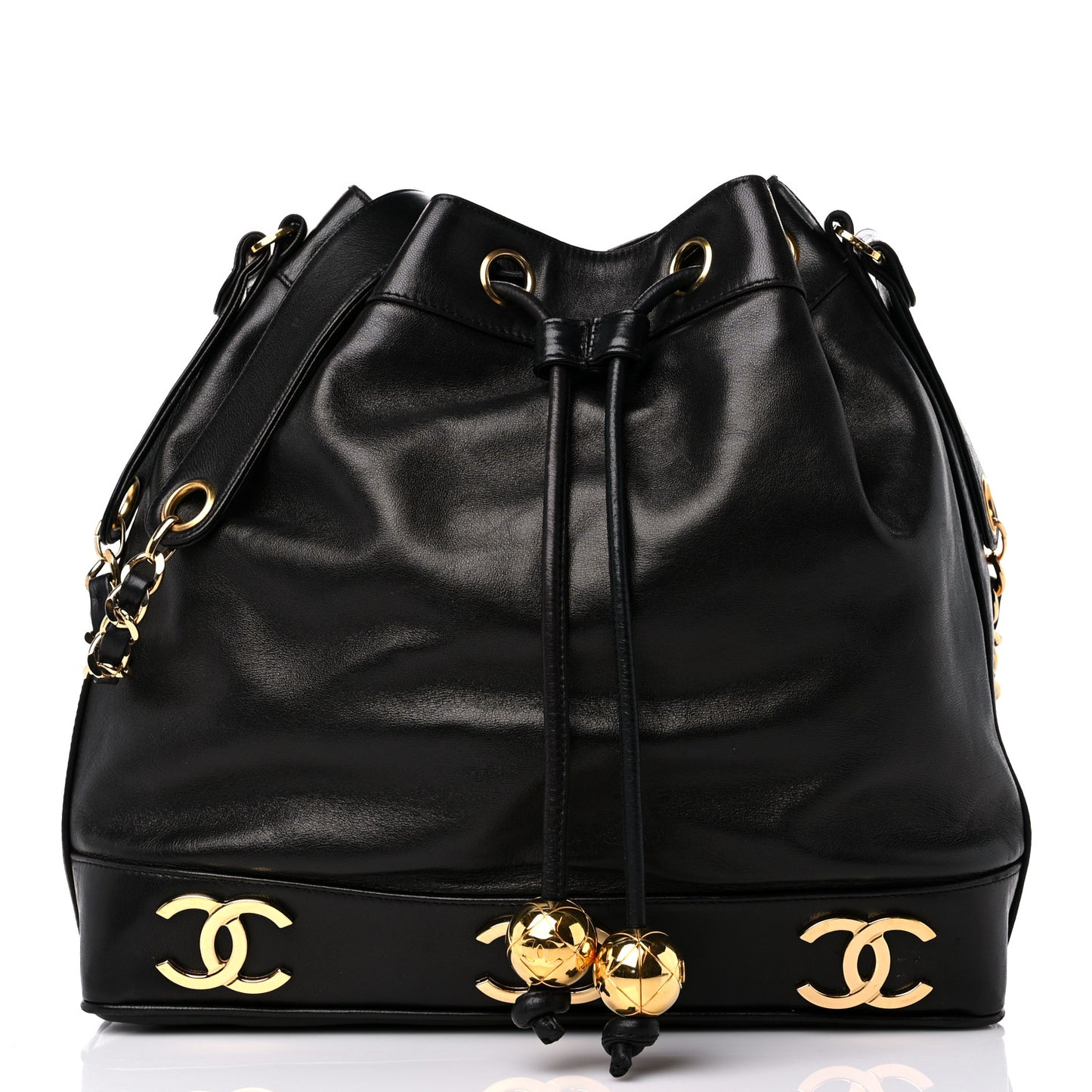 Lambskin CC Drawstring Shoulder Bag Black