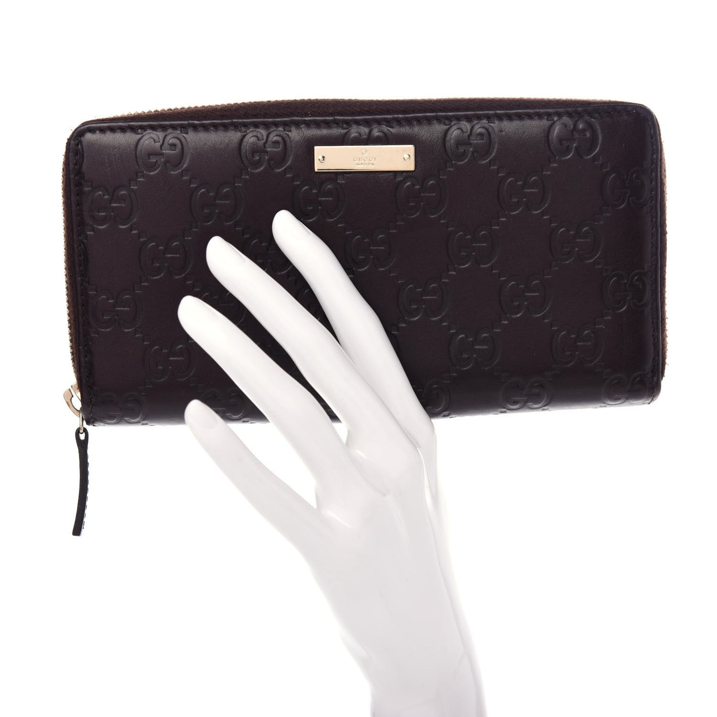Guccissima Margaux Calfskin Metal Bar Zip Around Wallet Chocolate