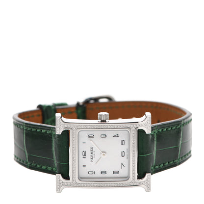 Hermes Stainless Steel Alligator Diamond Bezel Mother of Pearl 21mm Heure H Hour Quartz Watch Vert Moyen 2 of 5