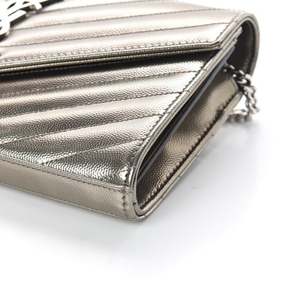 Saint Laurent Metallic Grain De Poudre Matelasse Chevron Monogram Chain Wallet Piombo 8 of 8