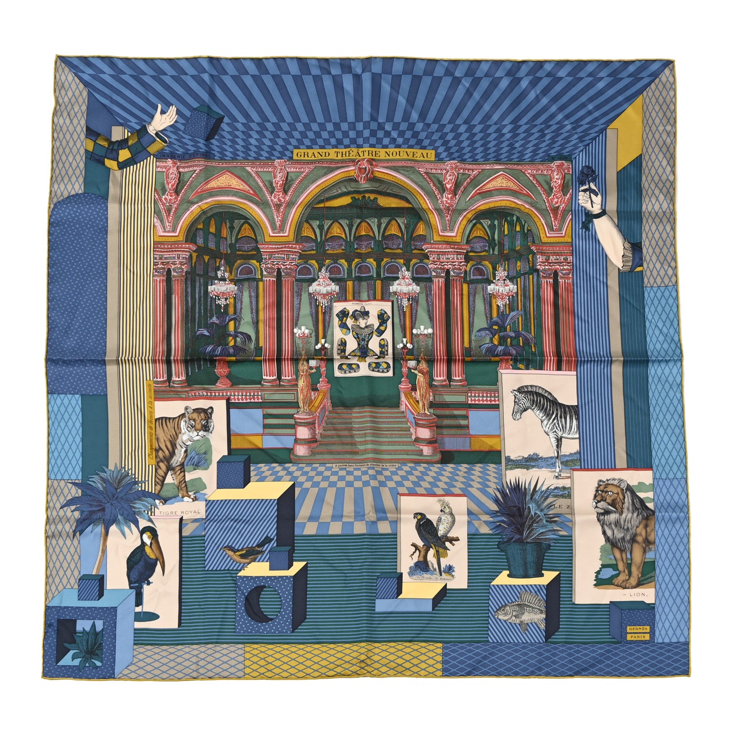 Silk Twill Grande Theatre Nouveau Scarf 90 Bleu Jean Vert Moutarde