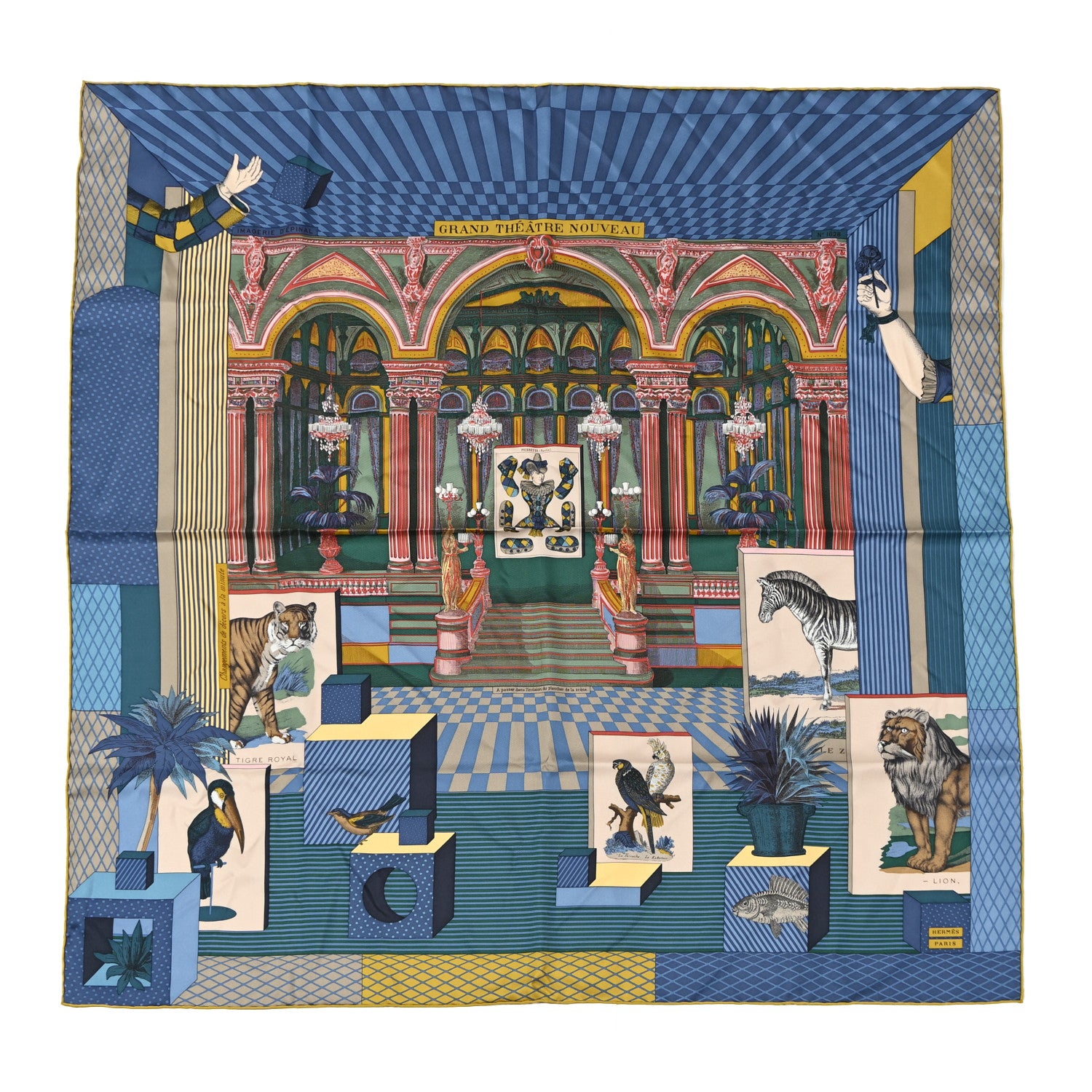 Hermes Silk Twill Grande Theatre Nouveau Scarf 90 Bleu Jean Vert Moutarde 1 of 7